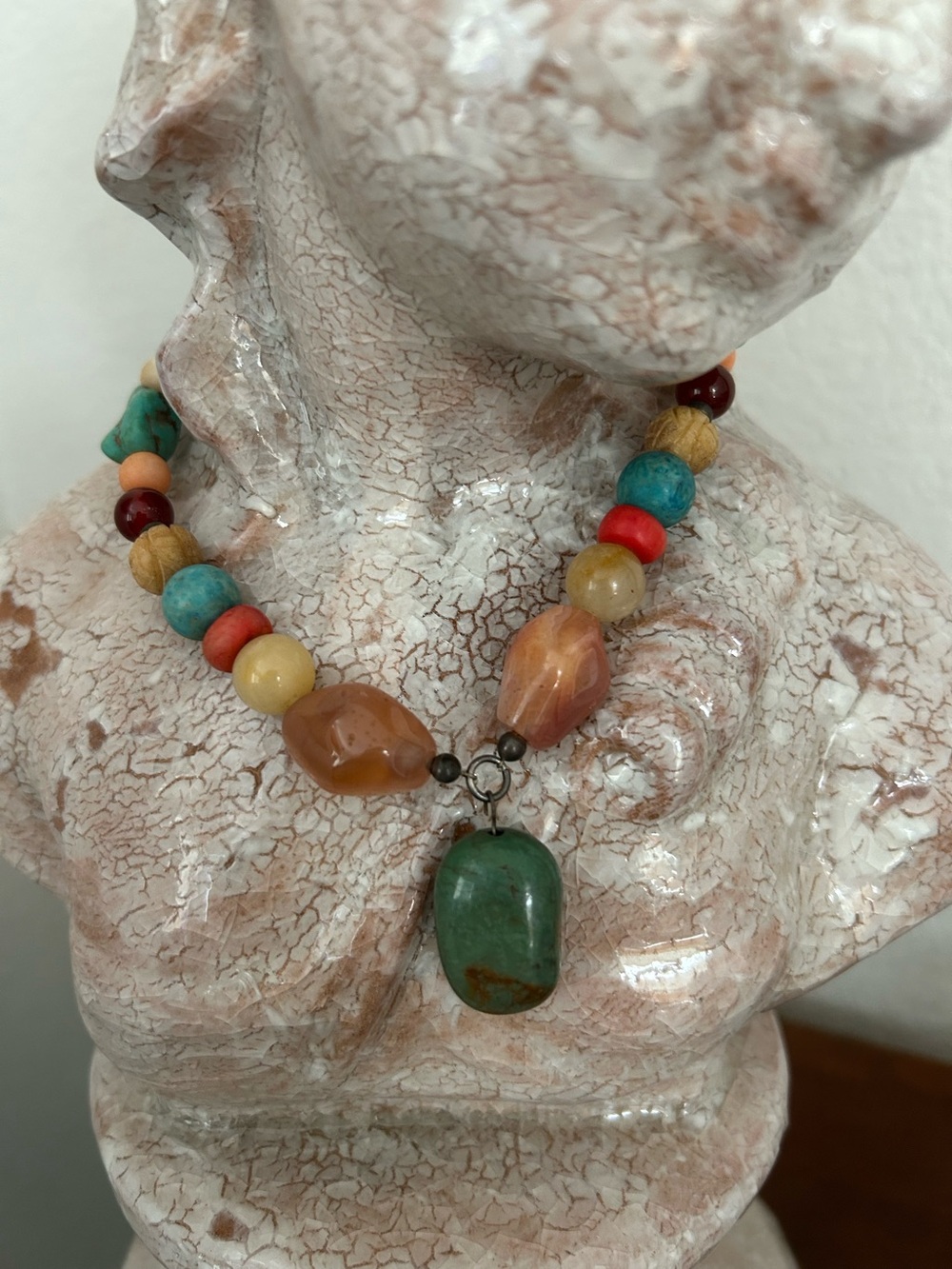 Handcrafted Multicolor Natural Vintage Necklace with Green Stone Pendant 16”